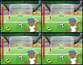 Ļoti simpātisks pērtiķis spēlē futbolu pret begemotu. Pamēģini iesist bumbu tieši begemota vārtos. Sākumā izvēlies lidojuma trajektoriju, tad sitiena stiprumu un uzspiež uz pogu. Lai veicās spēlē!